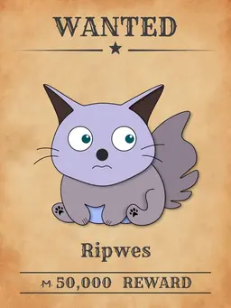 Ripwes NFT, a red multicolored cat from 'Wanted Cats' collection, stealing fish pie during Meowpolis' feast.ُ