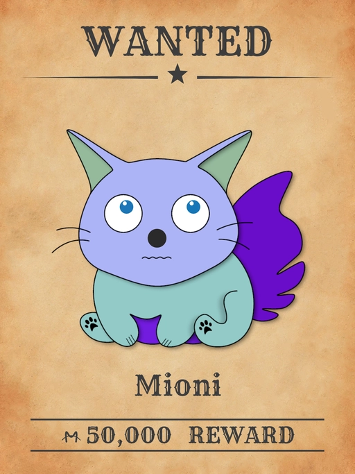 Mioni NFT, a blue-purple multicolored cat from 'Wanted Cats' collection, impersonating officials in Meowpolis.