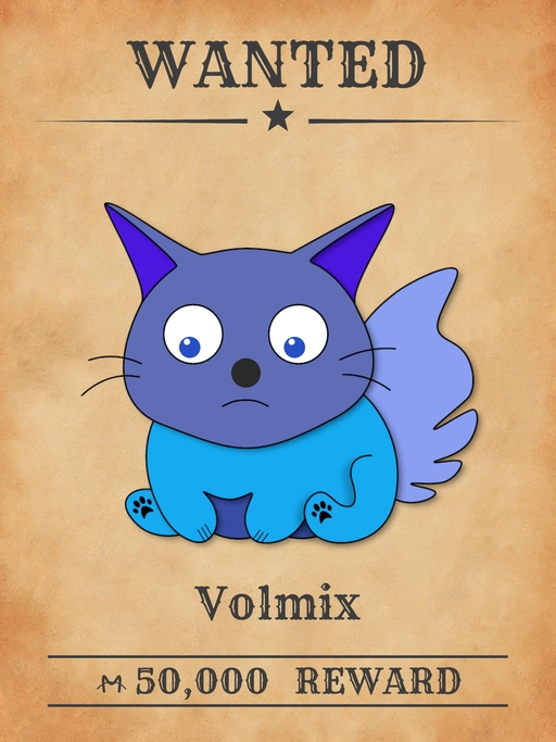 Volmix NFT, a blue multicolored cat from the 'Wanted Cats' collection, igniting small fires across Meowpolis.