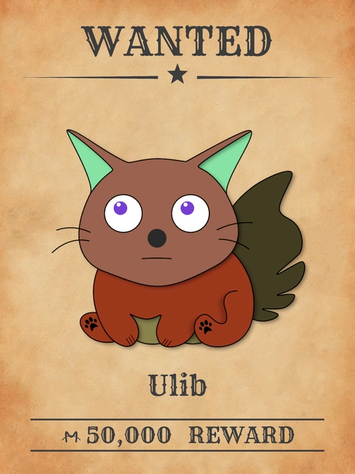 Ulib NFT, brown multicolored cat from 'Wanted Cats' collection, spreading rumors and causing tension in Meowpolis.