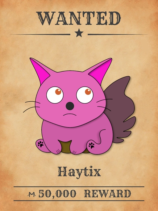 Haytix NFT, a pink multicolored cat from 'Wanted Cats' collection, notorious for stealing milk across Meowpolis