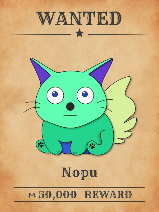 Nopu NFT, a green multicolored cat from 'Wanted Cats' collection, running elaborate scams at Meowpolis' busiest markets while disguised in masks.