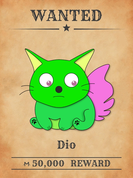 Dio NFT, green multicolored cat from 'Wanted Cats' collection, running a network for stolen goods.