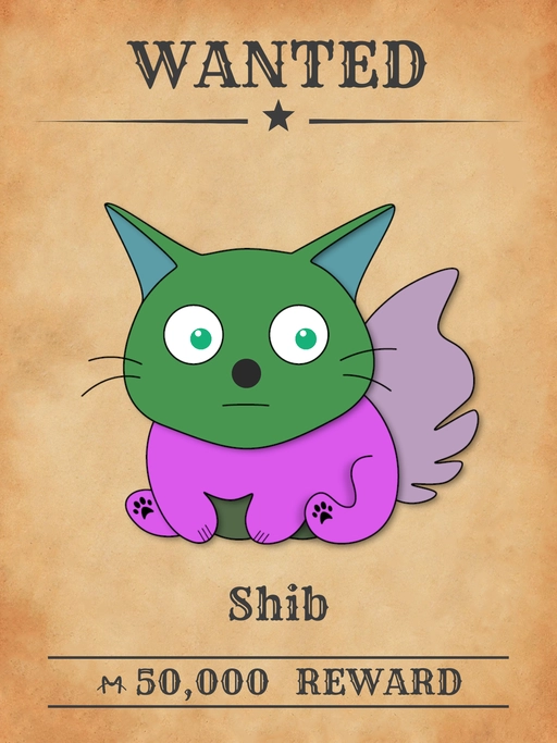 Shib NFT, a green-pink multicolored cat from 'Wanted Cats' collection, defacing monuments and landmarks in Meowpolis.