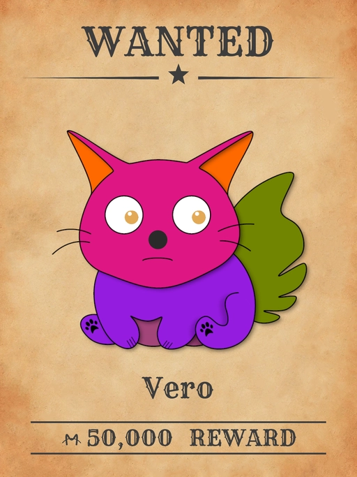 Vero NFT,  a green-purple multicolored cat from 'Wanted Cats' collection, forging documents and enabling criminals. 