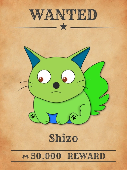 Shizo NFT, a green multicolored cat from 'Wanted Cats' collection, poisoning food supplies and causing panic.