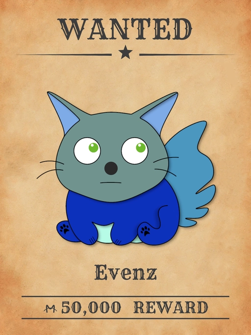 Evenz NFT,  cyan-blue multicolored cat from 'Wanted Cats' collection, stealing fountains from public squares in Meowpolis.