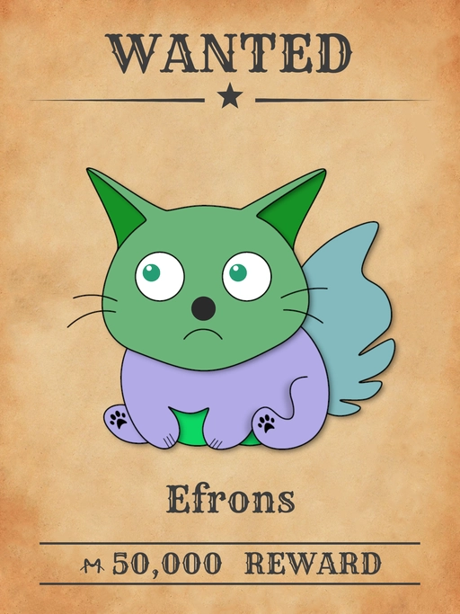 Efrons NFT,  green-purple multicolored cat from 'Wanted Cats' collection, extorting citizens and demanding Meowlars in Meowpolis.