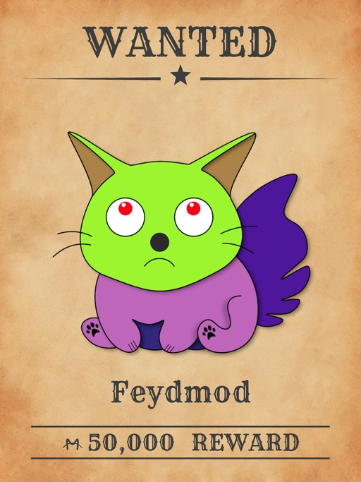 Feydmod NFT,  purple green multicolored cat from 'Wanted Cats' collection, involved in street fights across Meowpolis.