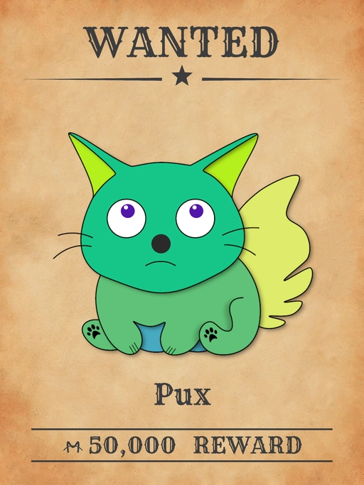 Pux NFT, a green multicolored cat from 'Wanted Cats' collection, producing counterfeit Meowlars in Meowpolis.