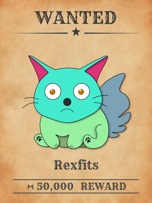 Rexfits NFT, Turquoise multicolored cat from 'Wanted Cats' collection, stealing identities and committing fraud in Meowpolis.