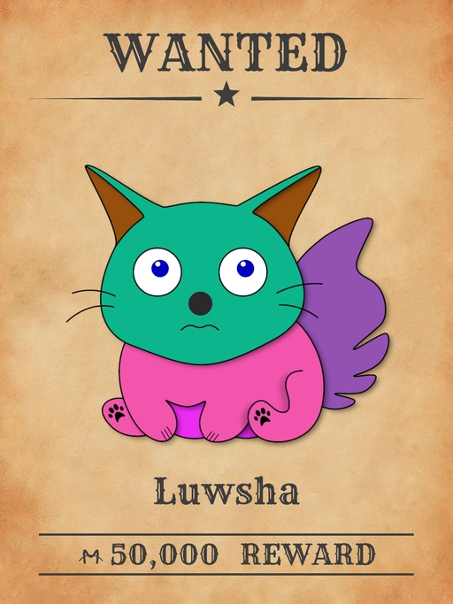 Luwsha NFT, a Brilliant Rose multicolored cat from 'Wanted Cats' collection, expertly pickpocketing in Meowpolis.