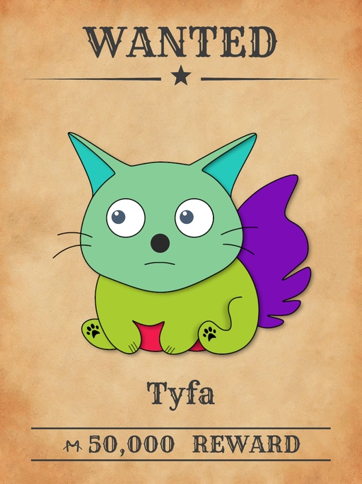 Tyfa NFT, a Eton Blue multicolored cat from 'Wanted Cats' collection, brewing poisons and selling them.