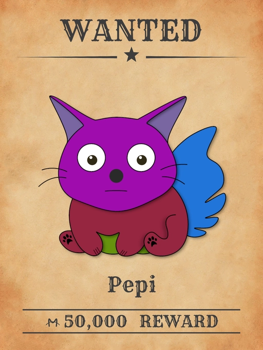 Pepi NFT, a Heliotrope Magenta multicolored cat from 'Wanted Cats' collection, smuggling contraband across Meowpolis.