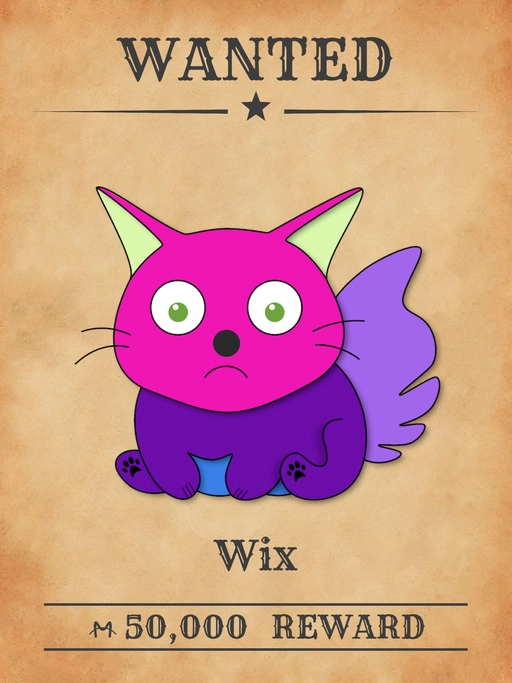 Wix NFT, Pink multicolored cat from 'Wanted Cats' collection, stealing sand from the beaches of Meowpolis.