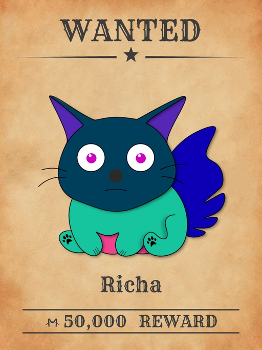 Richa NFT, a Midnight Green multicolored cat from 'Wanted Cats' collection, harassing young kittens in Meowpolis.