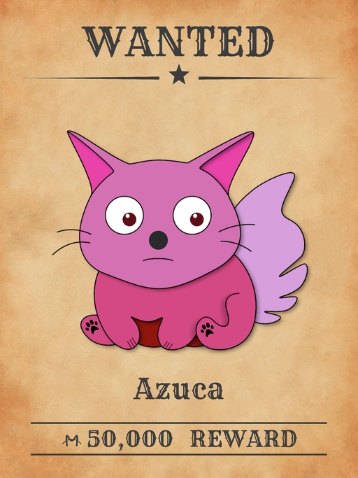 Azuca NFT,  pink multicolored cat from 'Wanted Cats' collection, causing chaos by chasing tails in Meowpolis.